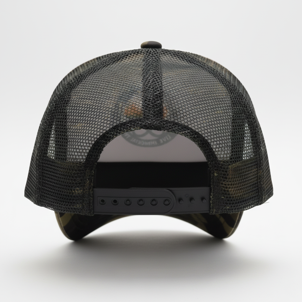 Back view of VU Immortal Camo/White Trucker Cap