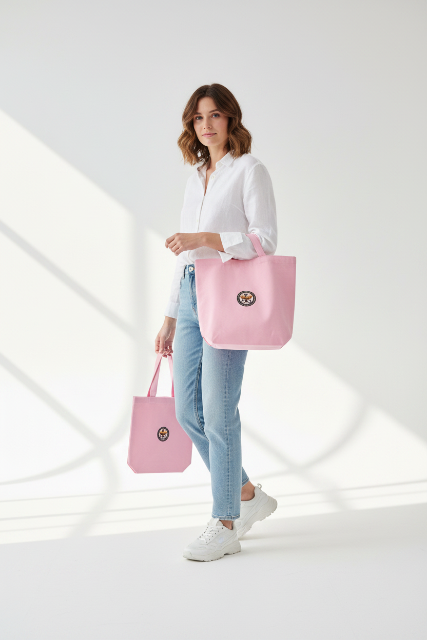 Cherry Blossom Set - Model with Pink Tote Bags