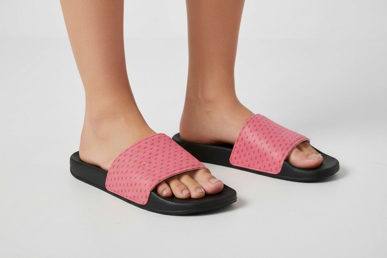 Close-up of Model Feet in VU Immortal Pink/Black Slides