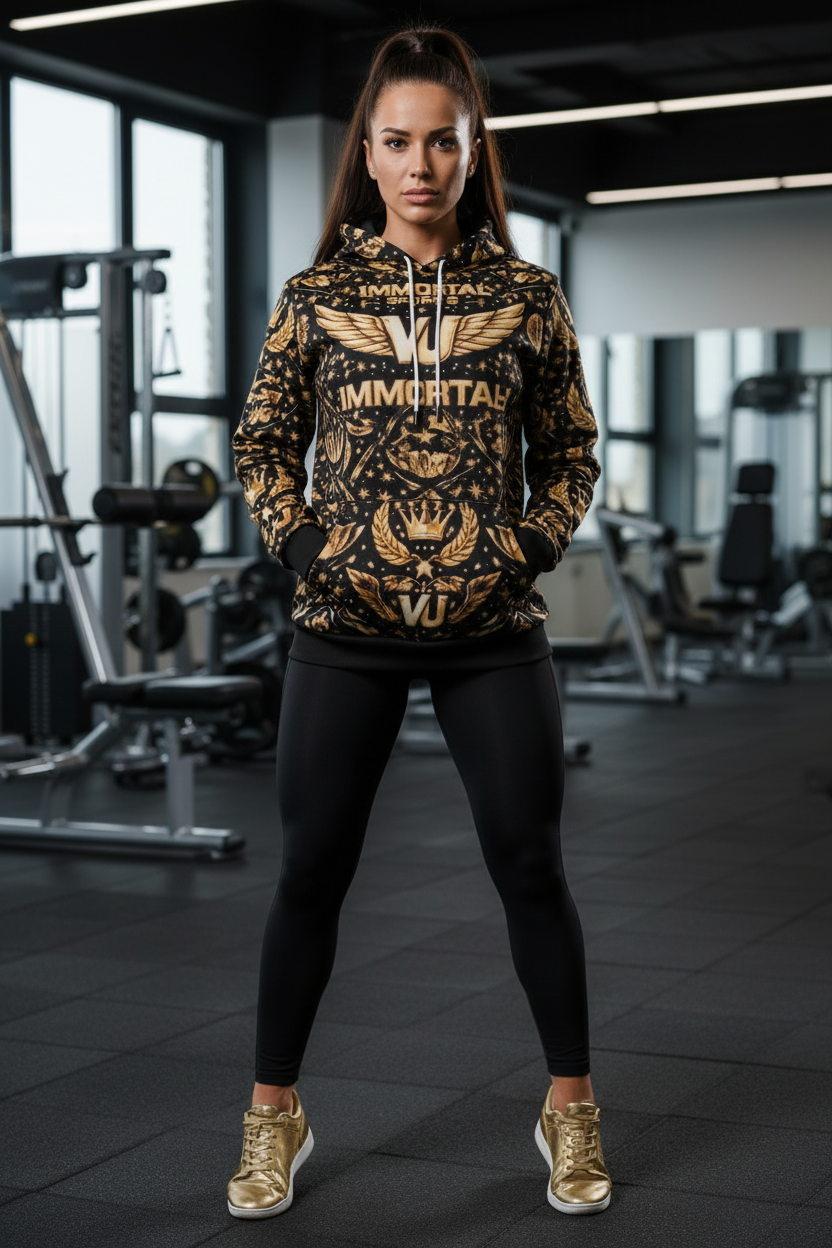 Female model in VU Immortal hoodie
