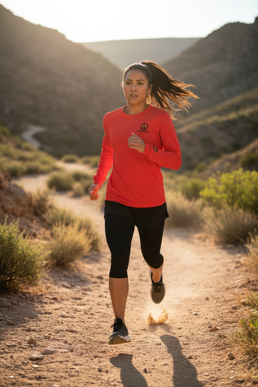 Female Model Running in Actual VU Immortal Red Crew Neck