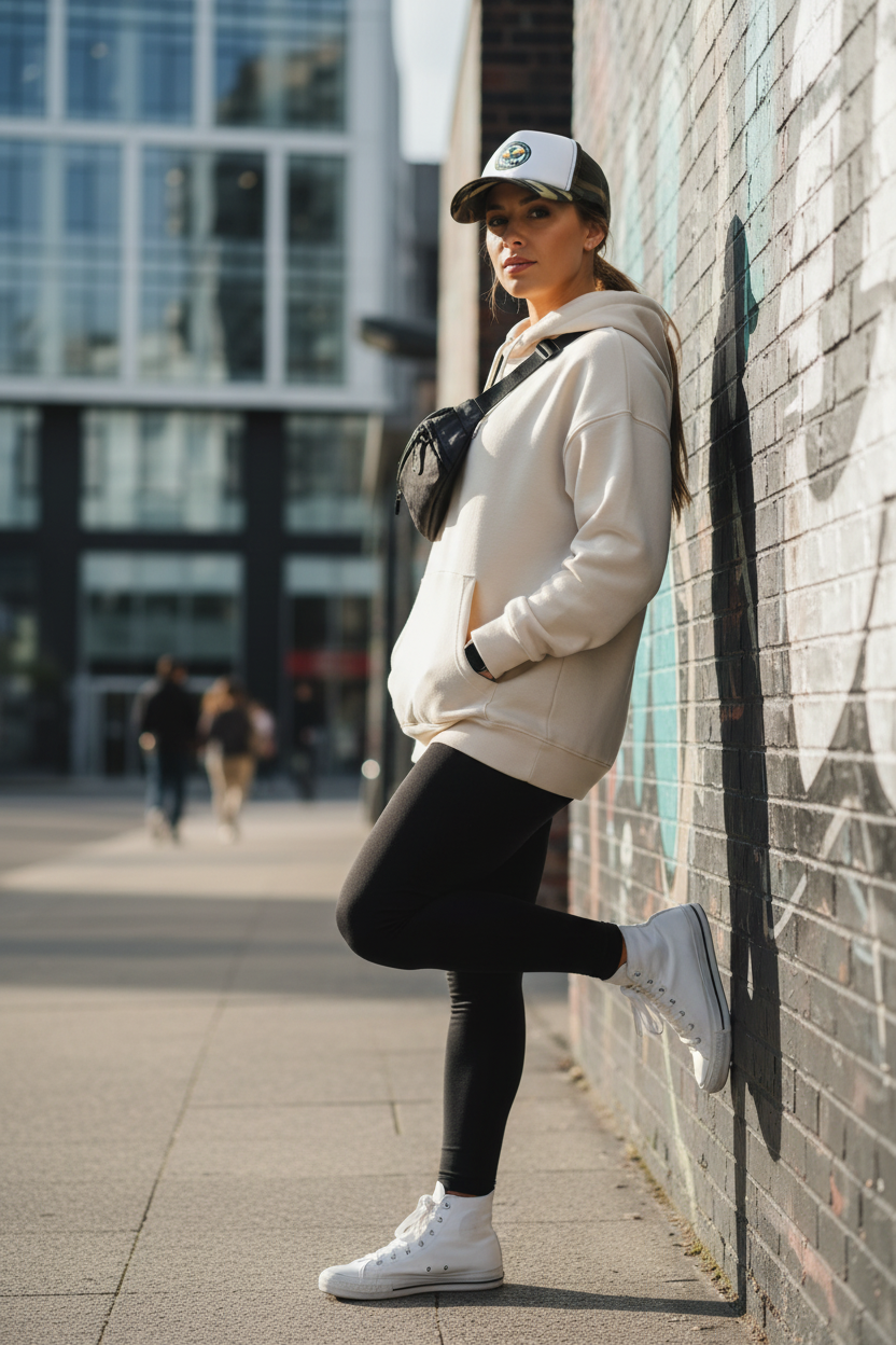 Female model wearing VU Immortal Camo/White Trucker Cap