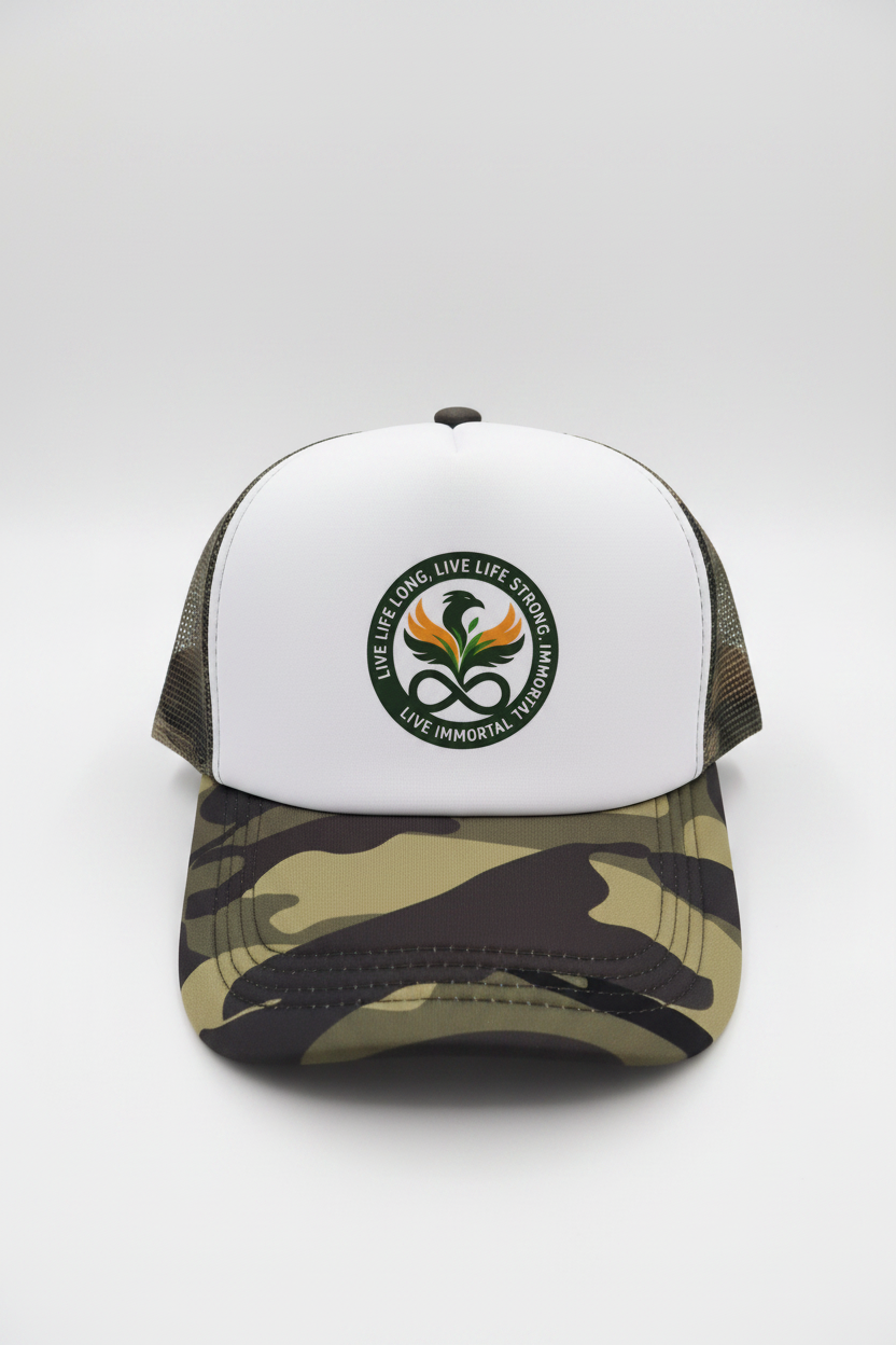VU Immortal Camo/White Trucker Cap – lifestyle model shot