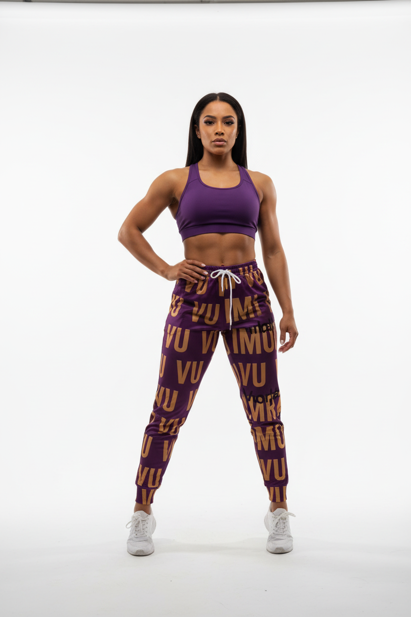 Female model wearing VU Immortal purple and gold jogger pants