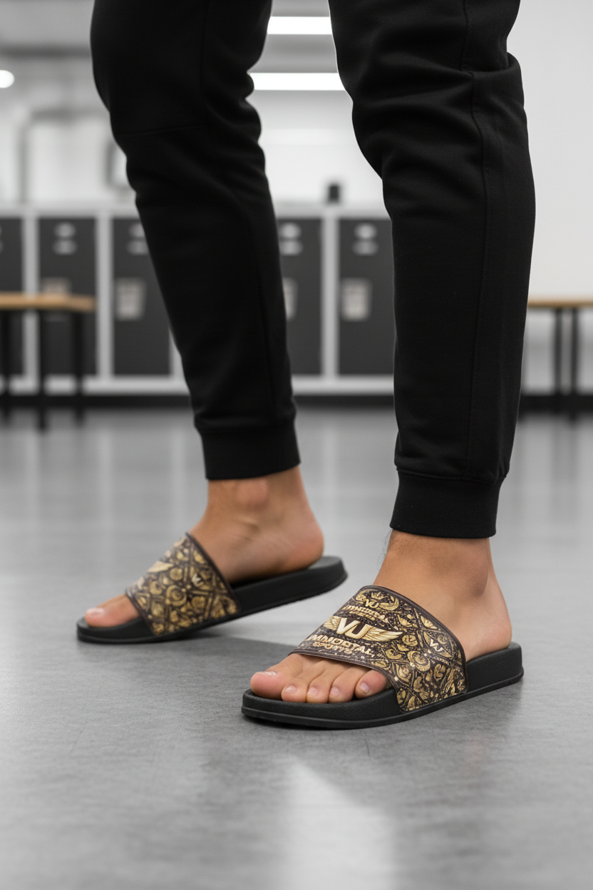 VU Immortal Black and Gold Slides - Model Lifestyle Shot