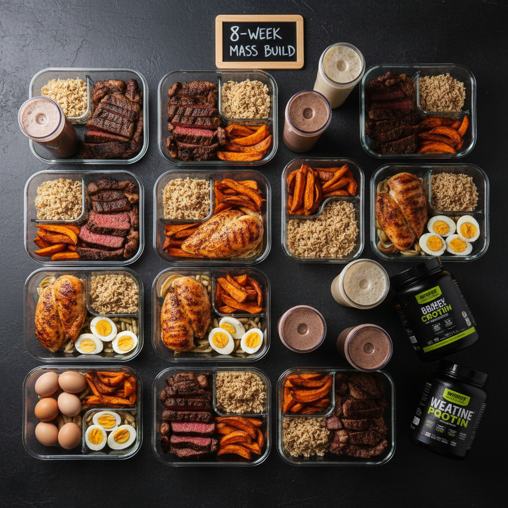 8 Week Mass Builder Plan - Meal Prep Flat-lay