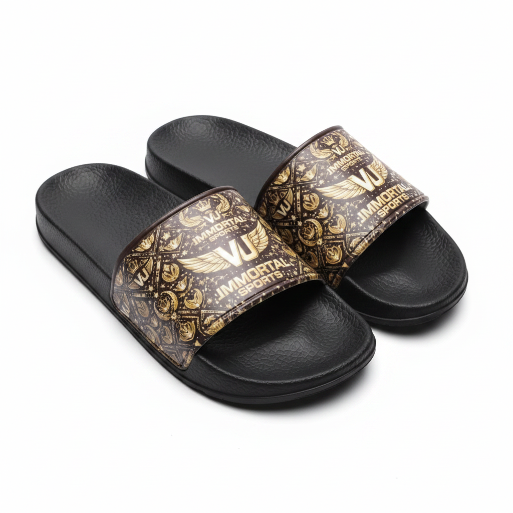 VU Immortal Black and Gold Slides - Clean Product Shot