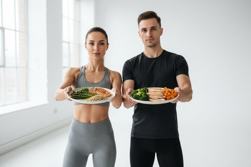 Lean athletic man and woman holding plates of healthy clean food