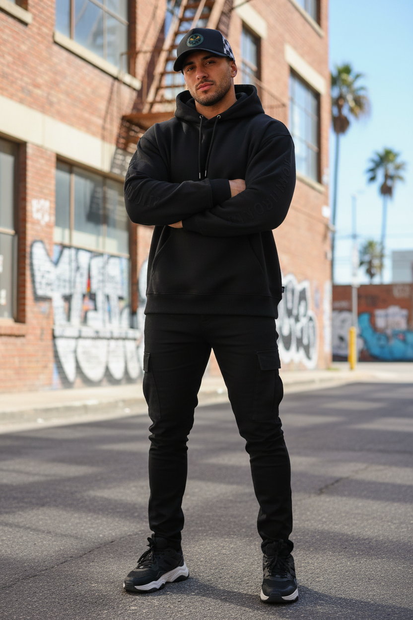 Male model wearing VU Immortal Black Checkered Trucker Cap