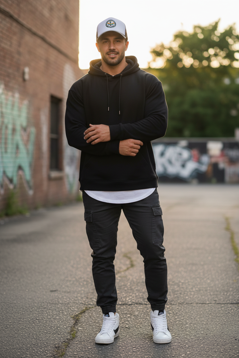 Male model wearing VU Immortal Camo/White Trucker Cap