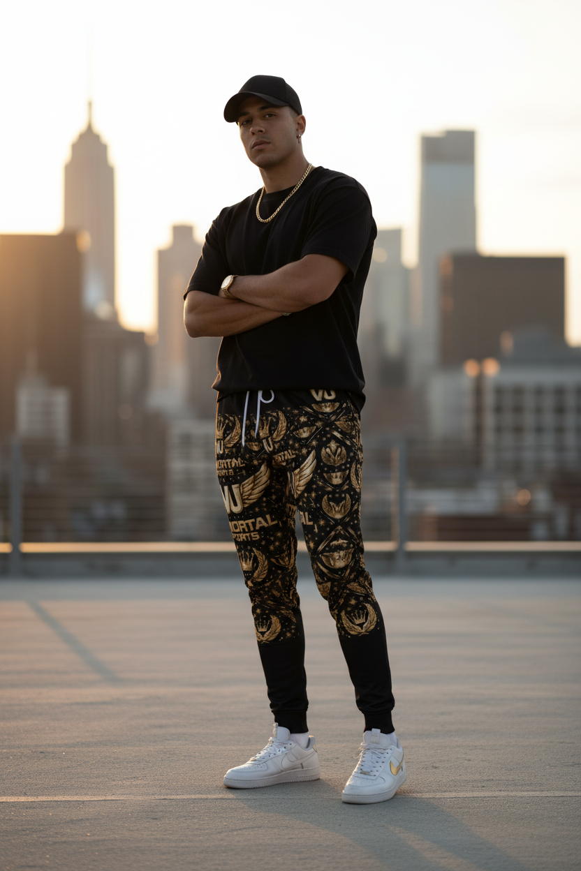 Model in urban setting wearing VU Immortal Legacy Joggers