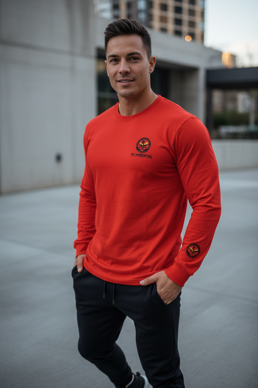 Model in VU Immortal Red Long Sleeve