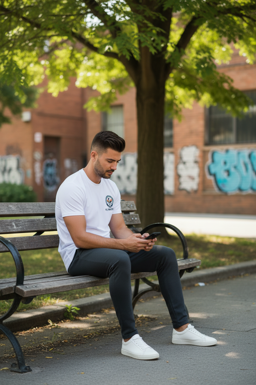 Model on bench with VU Immortal Signature White Tee