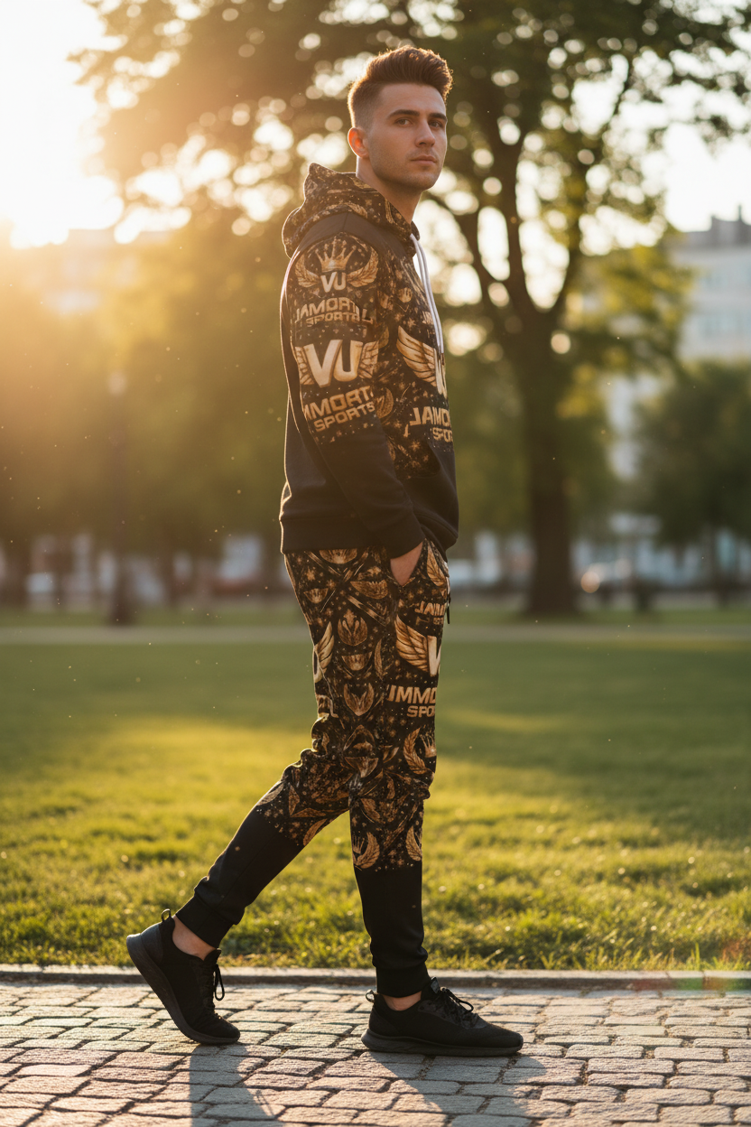 Model walking in park wearing VU Immortal Legacy Joggers