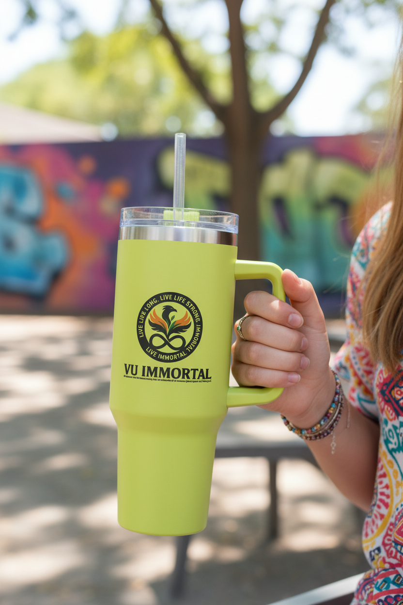Teenager Holding Electric Lime Tumbler by Handle