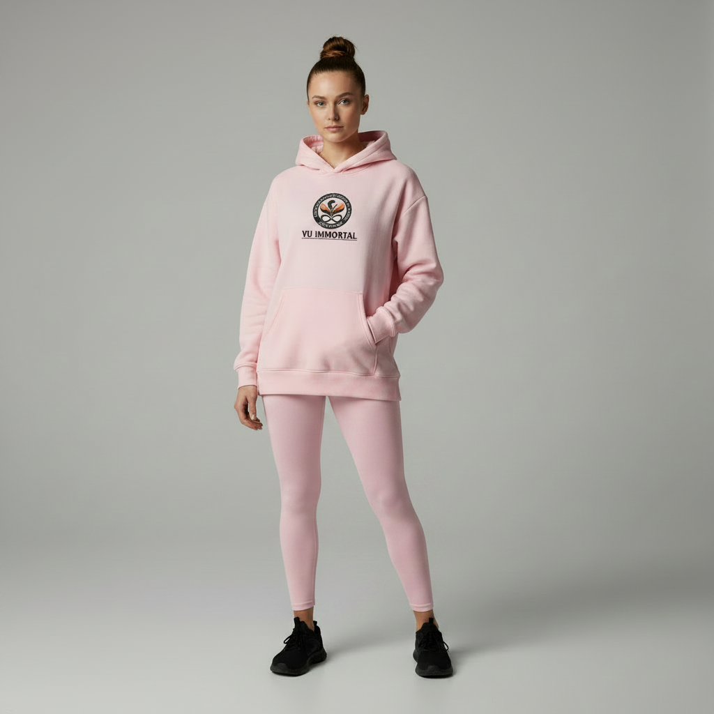 VU Immortal Pink Hoodie & Leggings - White Female Model