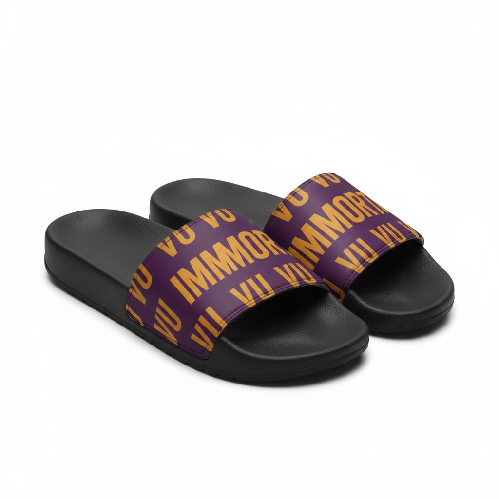 VU Immortal Slides - black sole, purple and gold strap