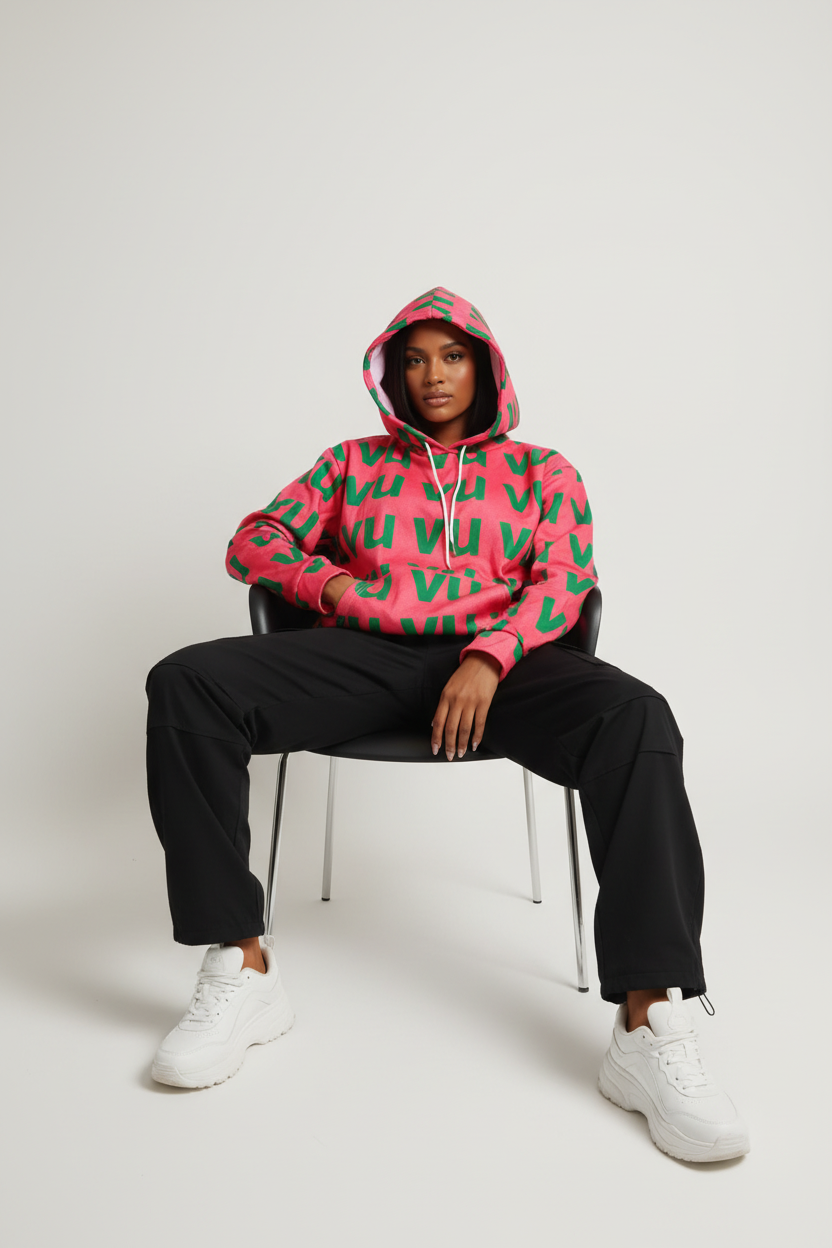 VU Immortal Sports Pink & Green Hoodie - Female Model Sitting