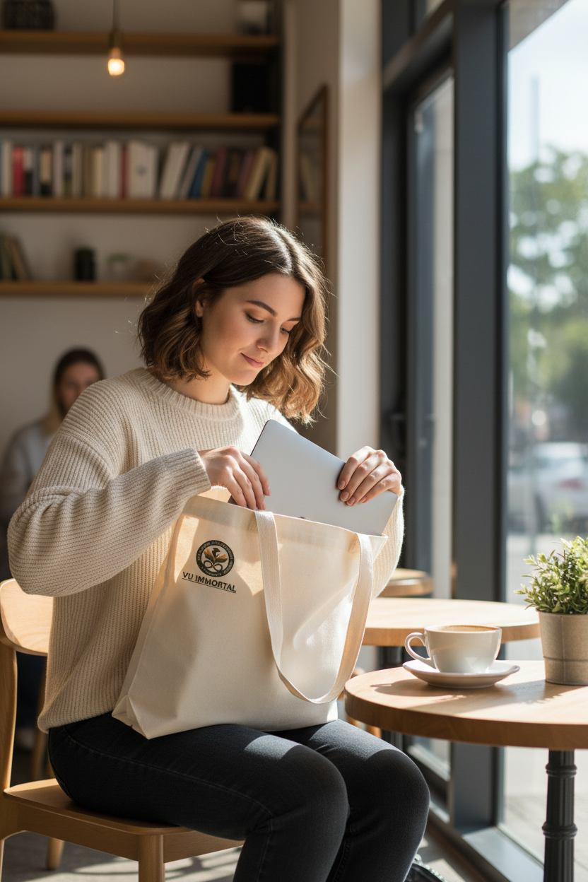 Woman placing laptop into VU Immortal Canvas Tote Bag