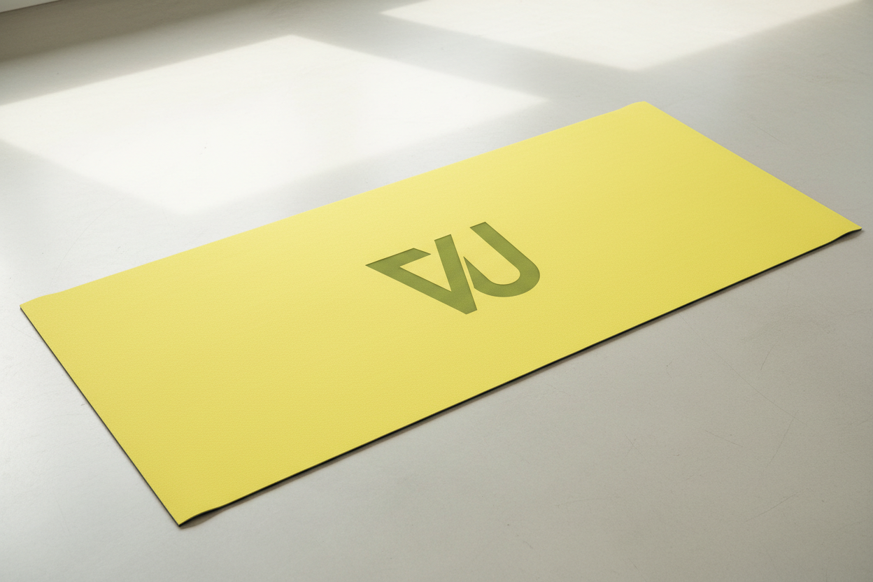 Yellow yoga mat with green VU monogram